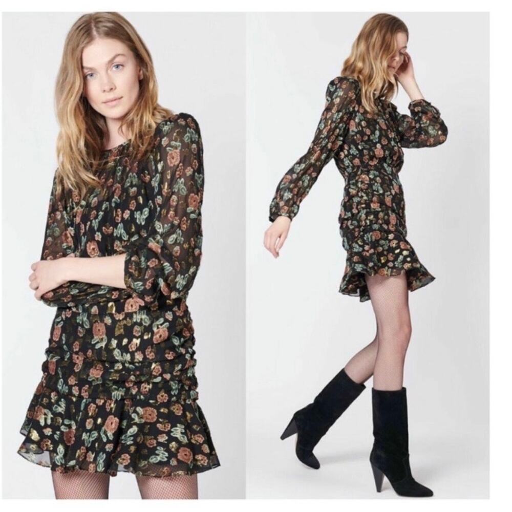 Veronica Beard Robin Black Floral Metallic Foil Mini Dress